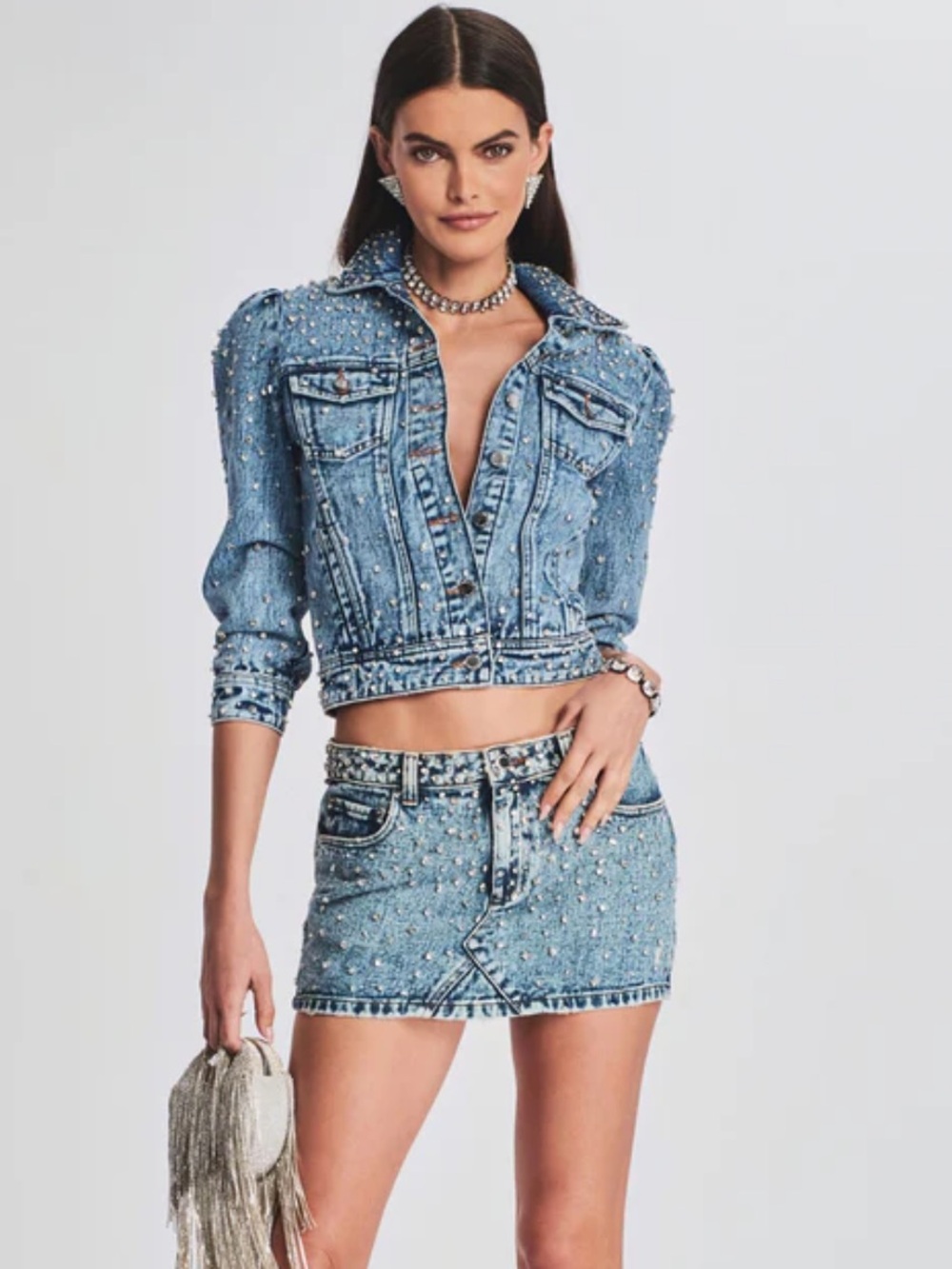 Retrofete LOLITA CRYSTAL EMBELLISHED DENIM MINI SKIRT Size 28 EUC